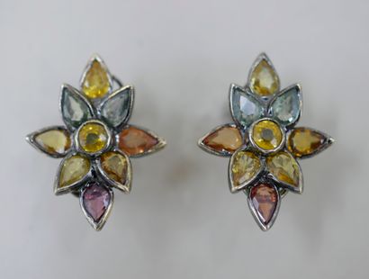 null A pair of 18k blackened gold flower earrings set with yellow, orange, pink and...