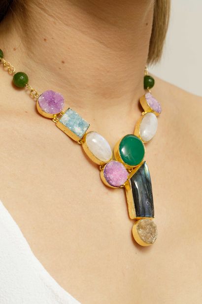 null Gilt bronze necklace with agate, labradorite, moonstone and quartz