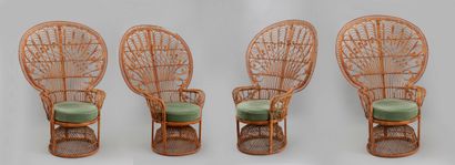  Mobilier de salon "Emmanuelle" en rotin composé de quatre fauteuils à motif de vannerie...