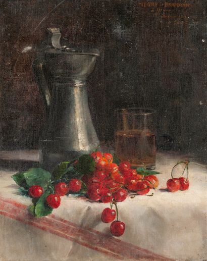 null NEGRE BAUDOIN (XIXe siècle). Nature morte aux cerises, au verre de cidre, pot...