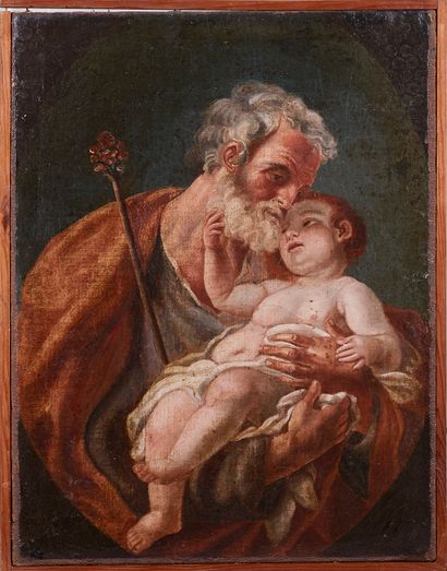 null Ecole Italienne XVIIIème siècle. Saint Joseph avec l’Enfant Jésus. Toile rectangulaire...