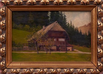 null French school 20th century. Cottage at the foot of the forest. Oil on panel....