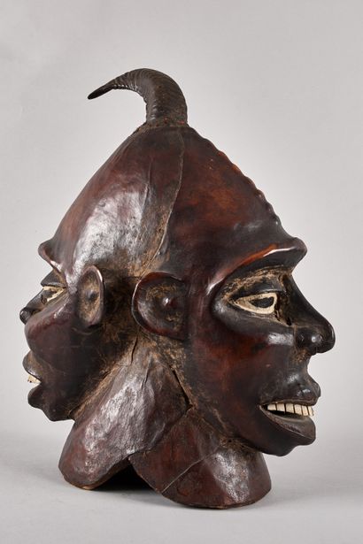 null WEST AFRICA - Double face mask in natural wood carved polychrome, red, black...