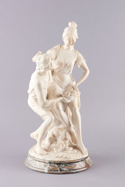  French school XIXth century. The lovers. Proof in biscuit. Base in beige marble...