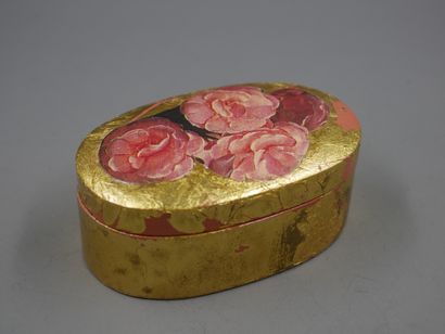 null Lot including : pair of oval paper maché boxes with flowers on gold background...