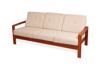 null Three seater teak sofa. Square legs. The seat in cream linen with buttons. Scandinavian...