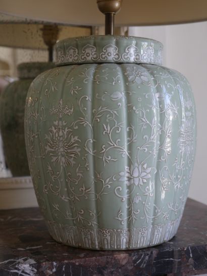 null Pair of celadon porcelain ginger pots with lotus flowers and arabesques decoration,...