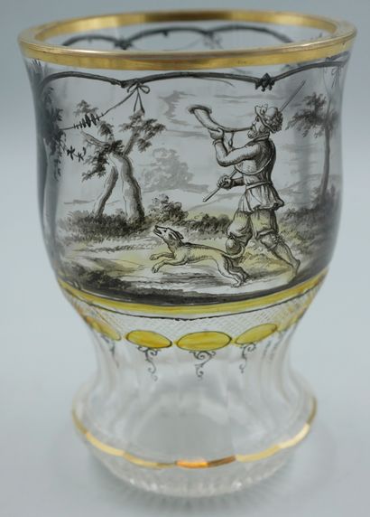 null Bohemian crystal glass with sides on a pedestal decorated with a hunting scene,...