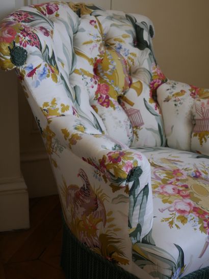 null Set including a fabric crapeau armchair with flower bouquets and music attributes...