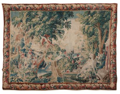 null Aubusson, Woolen tapestry decorated with a dog and a pheasant in a landscape...