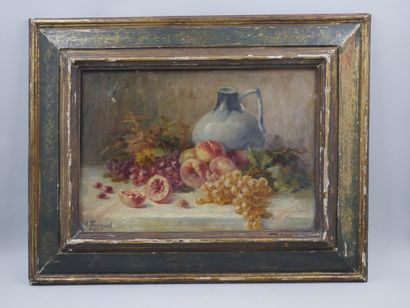 null A. FOUQUET. Still life with a pitcher, peaches and grapes. Oil on canvas. Signed...
