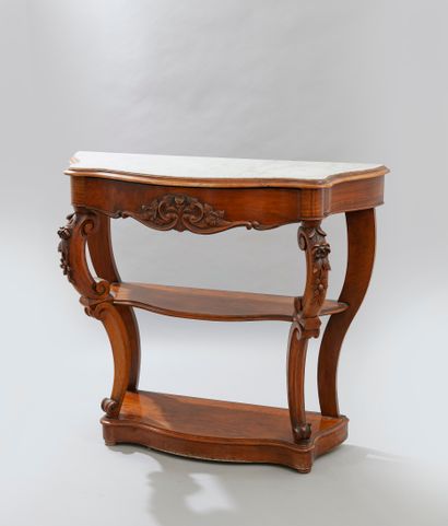 null Carved and moulded natural wood and veneer console table opening to a drawer...