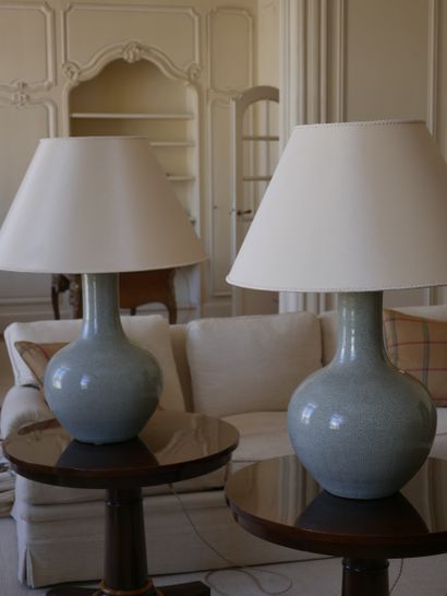 null Pair of important celadon porcelain baluster lamp bases. Height 60cm