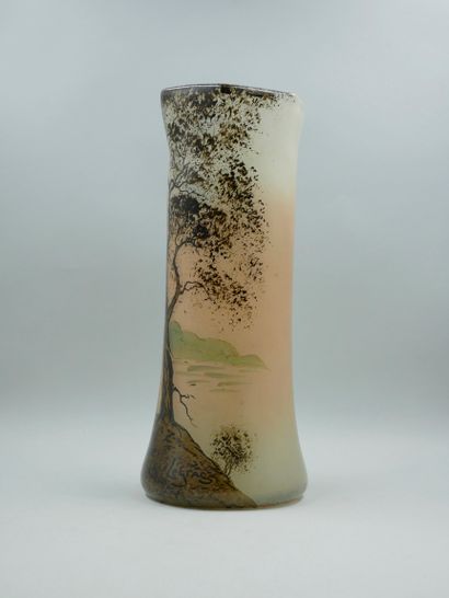  LEGRAS. Enamelled glass vase with lake and tree design. Height 48 cm
