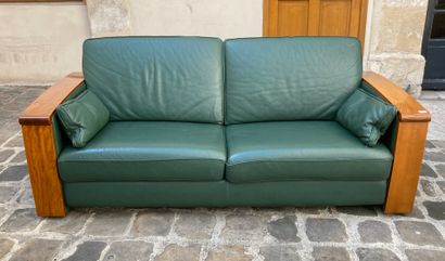 null LELEU Jacques, Large sofa, the armrests in wood with mahogany patina, green...