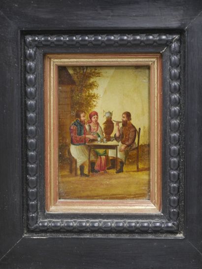 null Miniature oil on panel representing three Russian characters. 19th century....