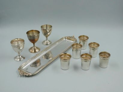  Lot : - Silver plated liquor service with chased fillets and foliated interlacing,...