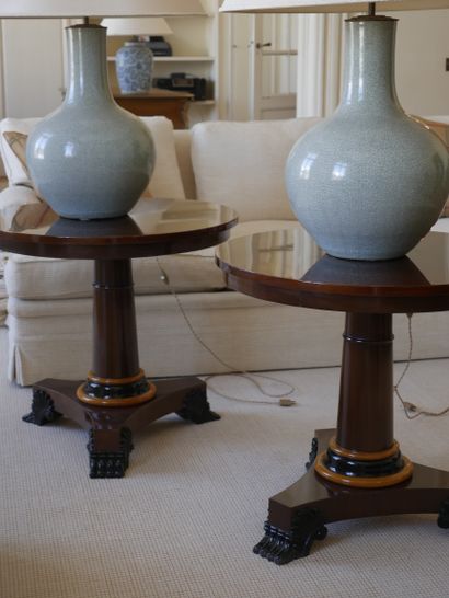 null Pair of important celadon porcelain baluster lamp bases. Height 60cm