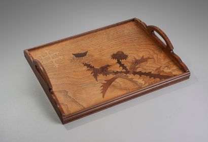 null Emile GALLE (1846-1904). Marquetry serving tray decorated with a thistle and...