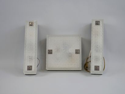 null Square ceiling light and two rectangular wall lights, in moulded glass with...