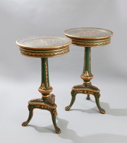 null Pair of olive green lacquered and gilded wood gueridons, central baluster shaft...
