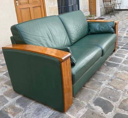 null LELEU Jacques, Large sofa, the armrests in wood with mahogany patina, green...