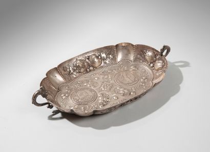null Oval silver dish festooned with flowers and fruits. Beautiful inlaid decoration...