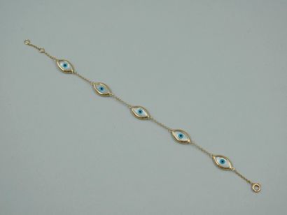 null Bracelet en or jaune 18K orné de cinq yeux porte-bonheur en nacre, cernés d'une...