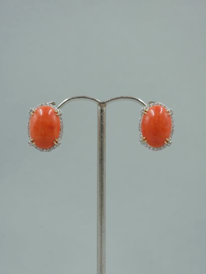 null Paire de pendants d'oreilles en or jaune 18K agrémentés de cabochons de corail...