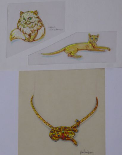 null 
Dessin préparatoire Trois clips chats et panthère, or, nacre, pierres. Gouache...