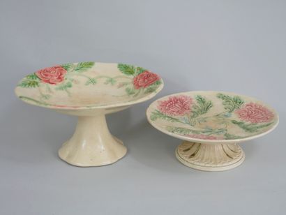 Two barbotine cake stands decorated with...