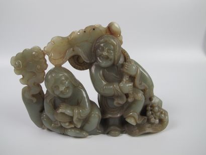 null Jade composition of the two legendary twins He He, protective statuette. Celadon...