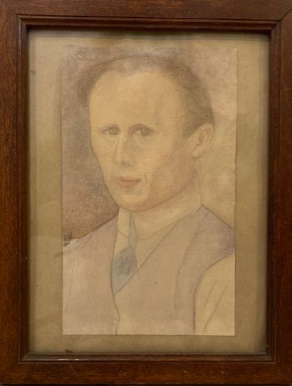 null 
Portrait of a man with a tie. Watercolour on paper, monogrammed HM on the left...