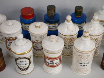 null Lot including 10 enamelled porcelain medicine jars with polychrome and gilded...