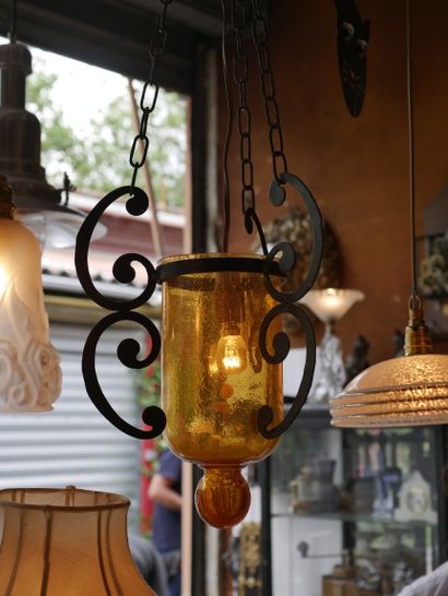 null BIOT. Orange glass and wrought iron chandelier. Signed.