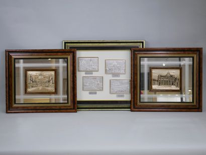 null Three bas-reliefs, views of Monuments of Rome in silver and a frame with four...