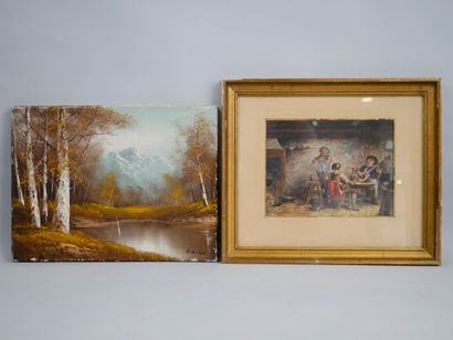 null Lot d'encadrés et tableaux, huile sur toile, dessins, gravures, cadres en bois...