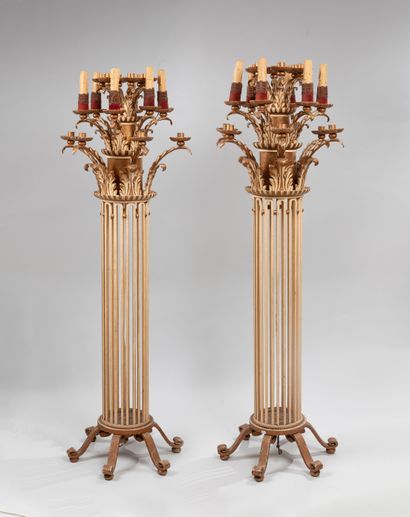 null 
Pair of wrought iron and beige and gilded lacquered sheet metal torchères with...