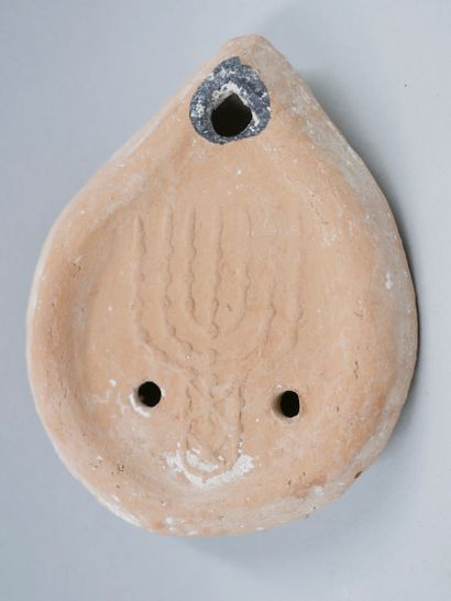 null Jewish oil lamp decorated with a menorah. Crusader period. Terracotta. As is,...