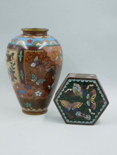 null CHINE. Vase en bronze cloisonné et émaux polychromes à décor de papillons, de...