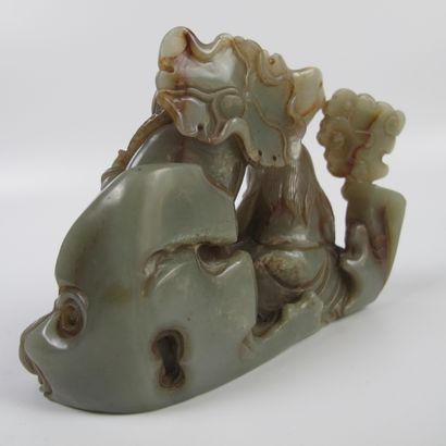 null Jade composition of the two legendary twins He He, protective statuette. Celadon...