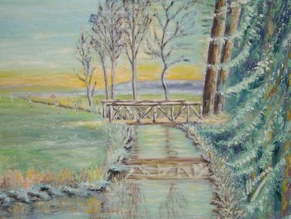 null French school 20th century. Landscape with trees and a bridge. Oil on canvas....