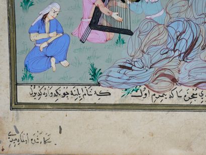 null Persian miniature gouache and calligraphy, writing on the reverse. 25 x 17.5cm...