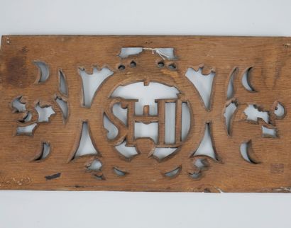 null Rectangular openwork carved wood element decorated with the monogram IHS topped...