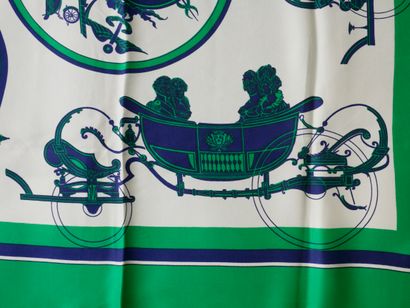 null HERMES Paris. Silk square "Calèche" decorated in blue and green tones. Signed....