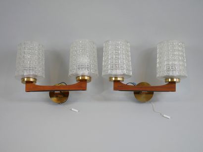 null ARLUS, In the taste of. Pair of teak and metal sconces with two lights, the...