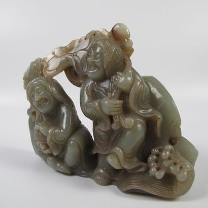 null Jade composition of the two legendary twins He He, protective statuette. Celadon...