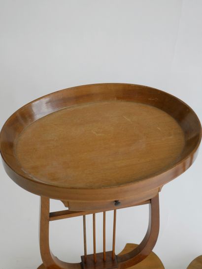 null Pair of natural wood working tables opening to a drawer in belt, oval tray cabaret...