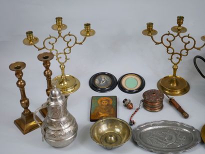 null Lot including copper dish, small trays and plates in metal and copper worked...