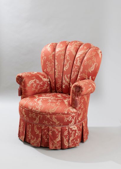 null Napoleon III style toad chair with shell back and scrolled arms. Upholstered...